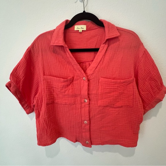 Love Notes Coral Orange Boxy Shirt Size L Button Down 100% Cotton Gauzy Look - Picture 1 of 8